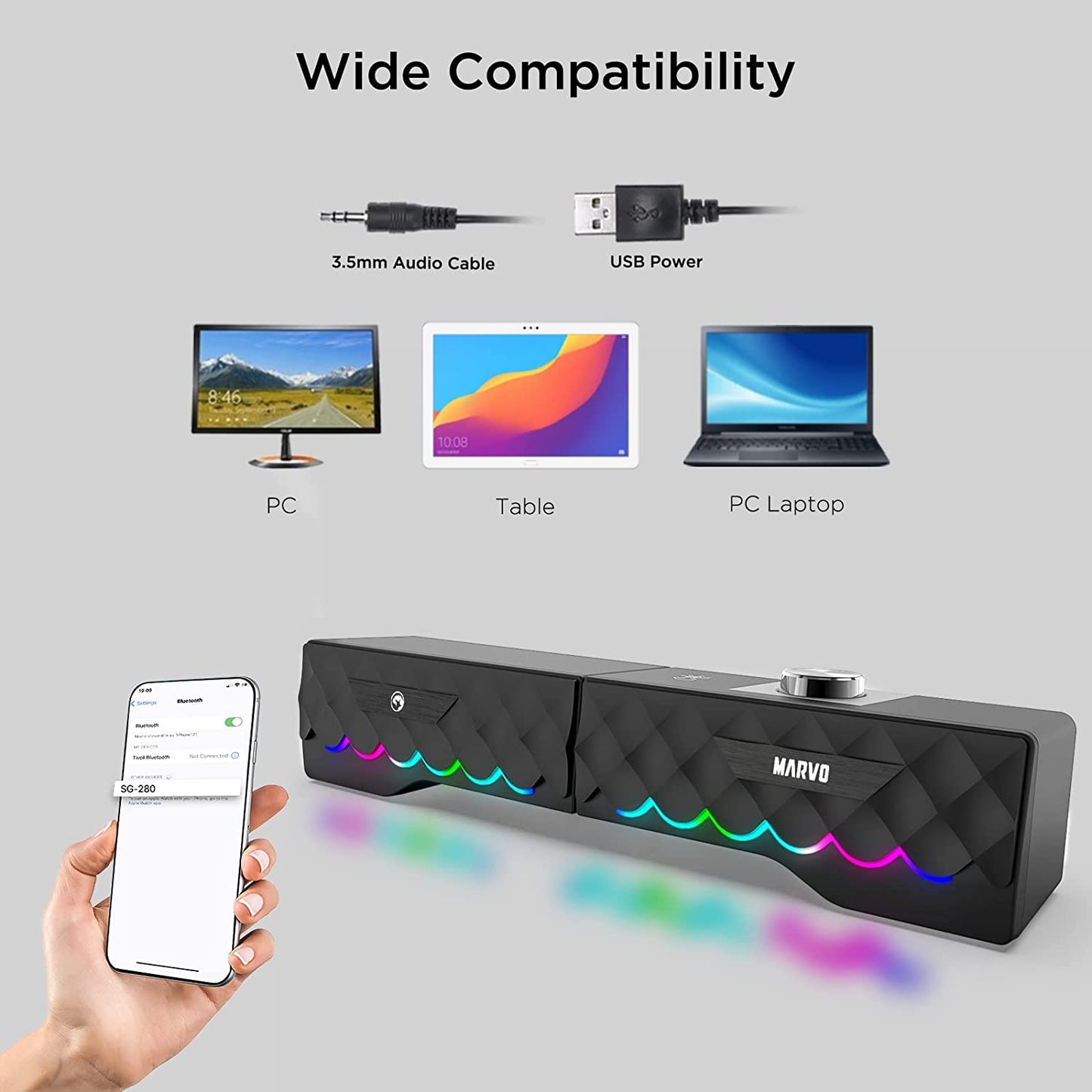 Computer Speakers, RGB PC Speakers with 6 Color Touch Control Backlit, Wireless or 3.5Mm Aux-In, USB Hifi Stereo Speaker with Bass Diaphragms, Combinable PC Speaker for Laptops/Phone/Pad/Game Machine