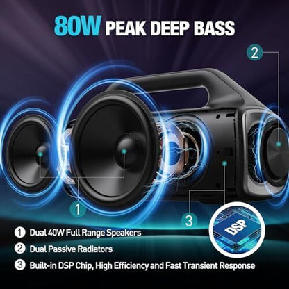 Portable Bluetooth Speakers, 80W Peak Wireless Outdoor Speaker with Subwoofer,