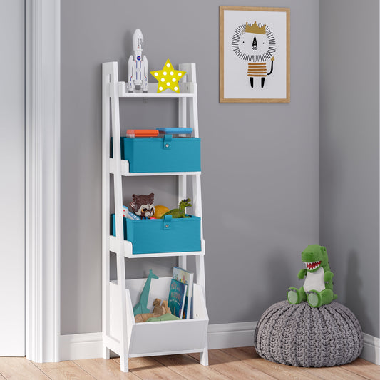 Kids 4-Tier 13In Ladder Shelf Toy Organizer and Book Storage with 3 Open Display Shelves- White with Two 5" Turquoise Fabric Bins