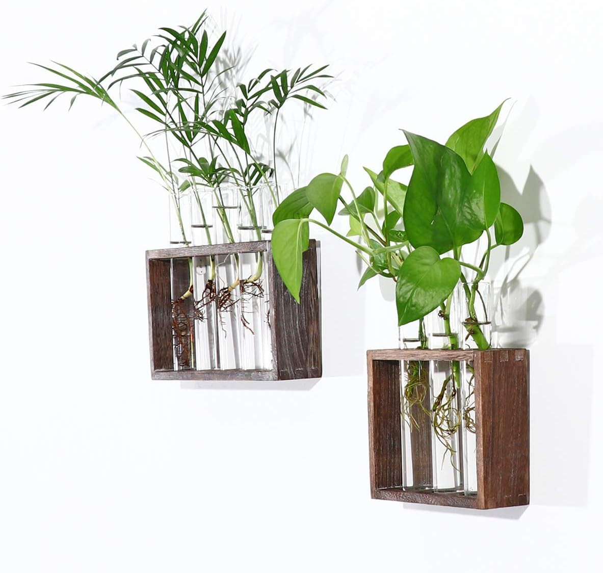 Wall Hanging Glass Planter Plant Terrarium with 5 Test Tube in Wooden Stand Rack for Propagating Hydroponic Flower Bud Vase Home Office Decoration, Brown