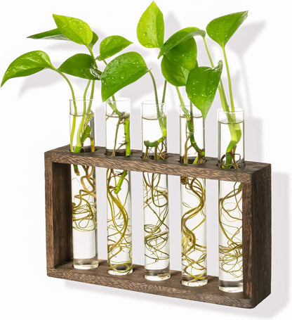 Wall Hanging Glass Planter Plant Terrarium with 5 Test Tube in Wooden Stand Rack for Propagating Hydroponic Flower Bud Vase Home Office Decoration, Brown