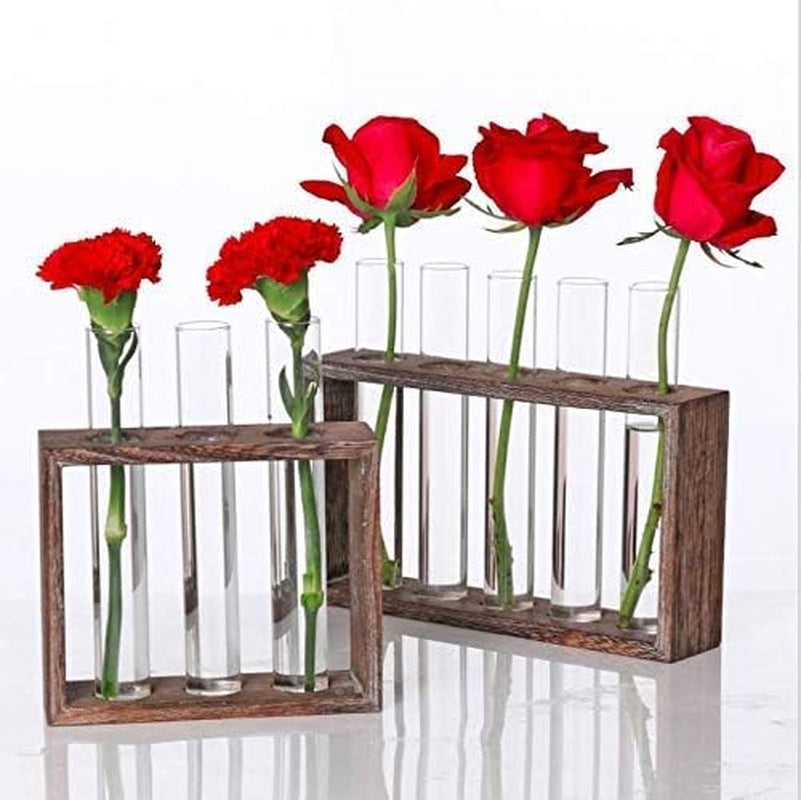 Wall Hanging Glass Planter Plant Terrarium with 5 Test Tube in Wooden Stand Rack for Propagating Hydroponic Flower Bud Vase Home Office Decoration, Brown