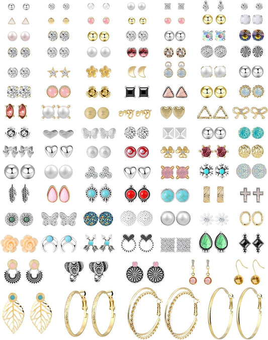 102 Pairs Stud Earrings for Women Cute Earrings for Teen Girls Earrings for Women Multipack Stud Earring Packs for Women Crystal Pearl CZ Vintage Earrings Jewelry