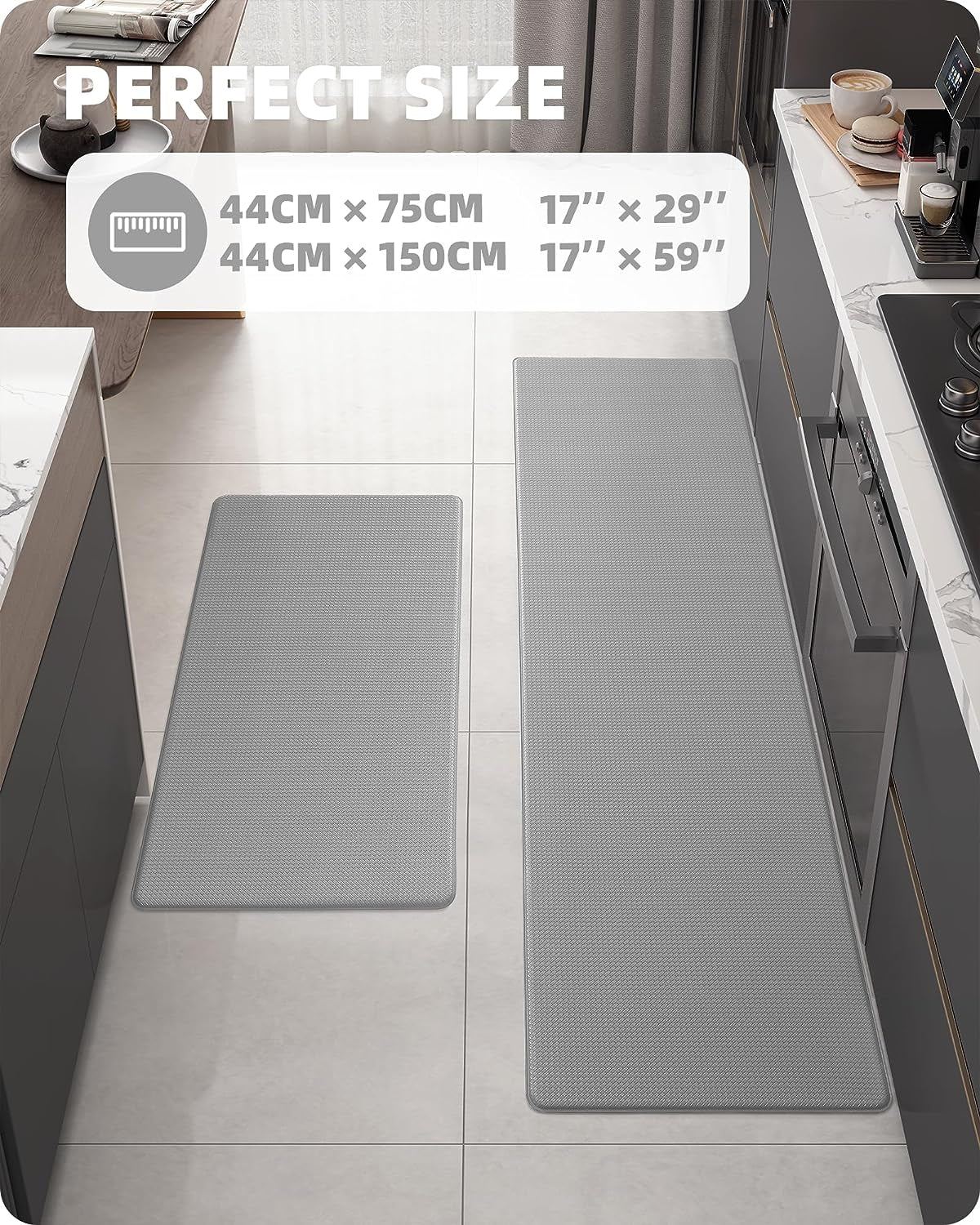 Kitchen Rugs, Kitchen Rug Set 2 Piece Kitchen Runner Rug Kitchen Floor Mat, Cushioned anti Fatigue Kitchen Mat Non Skid Waterproof Comfort Standing Kitchen Rug, 17"X29"+17"X59", Grey